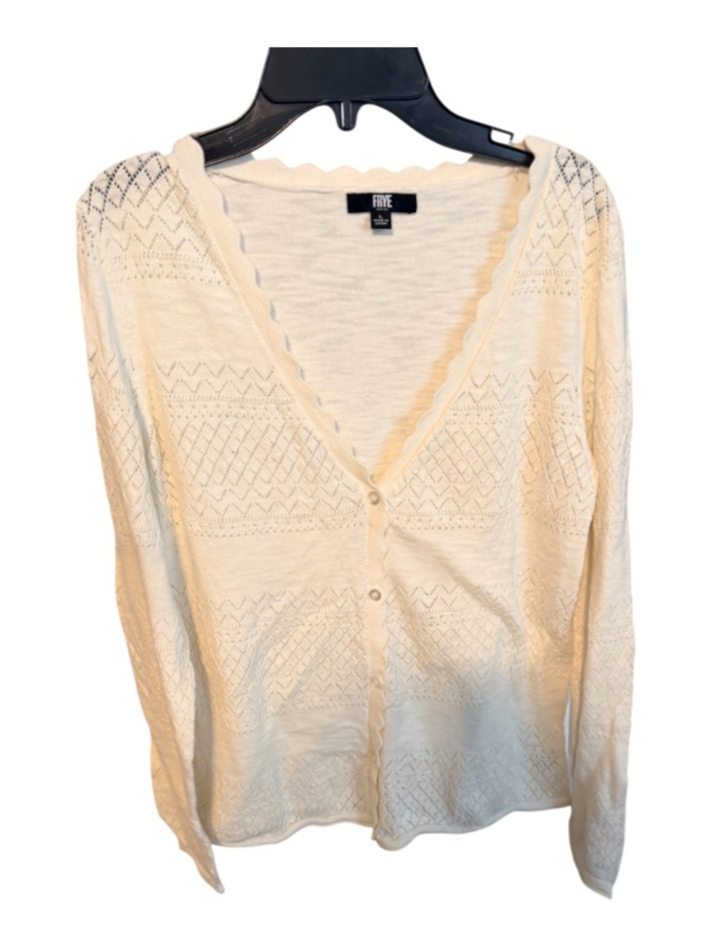 Frye Cream Scalloped V-Neck Knit Button Cardigan